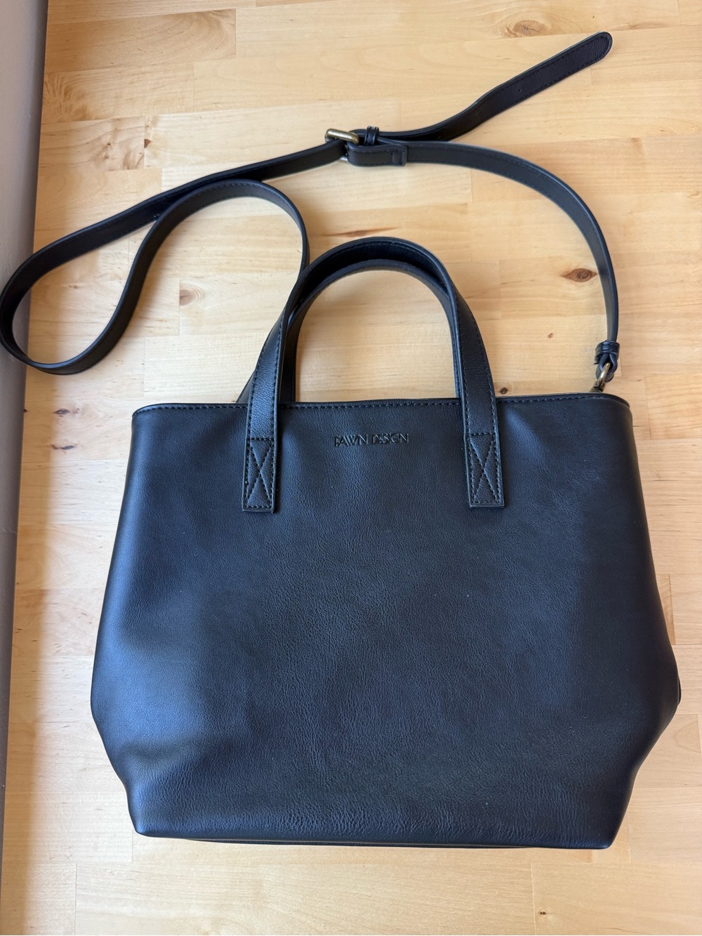 Fawn Designs Black Faux Leather Tote Bag with Crossbody Strap